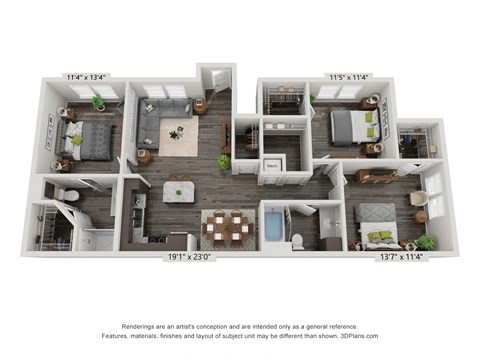 Floor plan for 3 beds, 2 baths, 1296 sqft